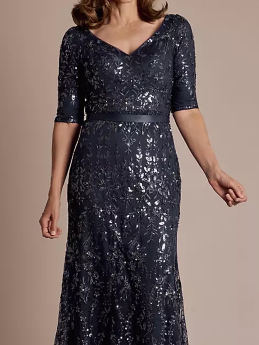 Oleg Cassini Navy Sequin Embroidered Evening Gown
